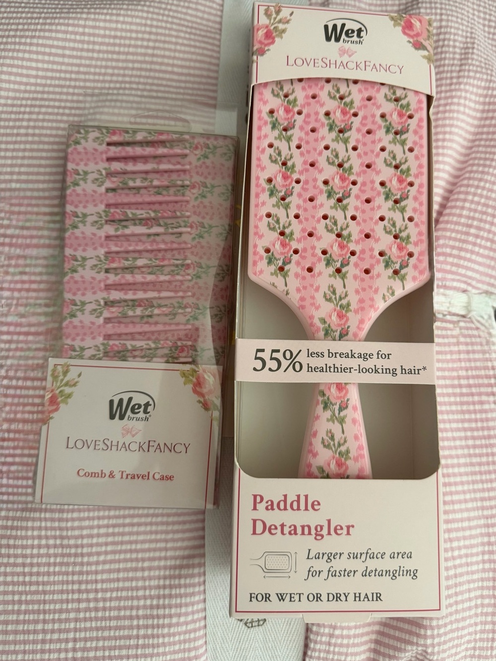 LoveShackFancy Wet Matching Paddle Detangling Brush & Comb Set Pink Floral ~ NEW